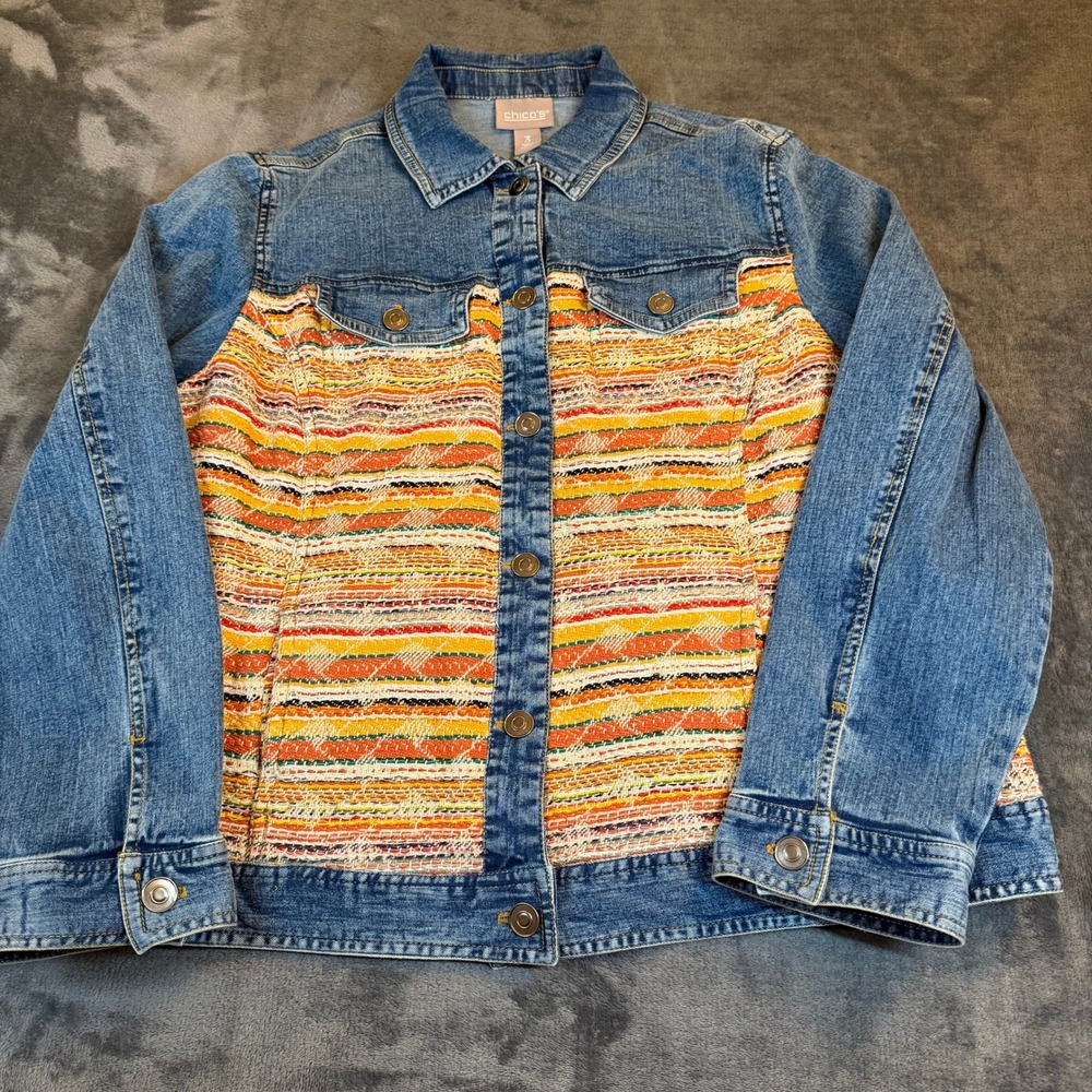 Chicos Mixed Media Denim Jacket Multi Color Woven Striped Trucker Blue Womens 3
